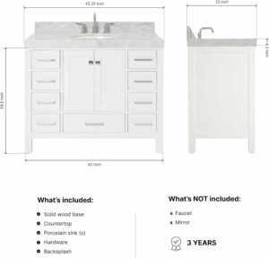 ARIEL Cambridge 42-Inch Bathroom Vanity with Carrara Marble Top