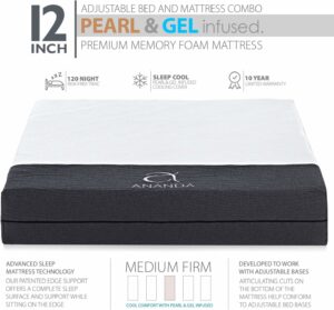 Blissful Nights Ananda 12-Inch Memory Foam Mattress and Adjustable Bed Frame Combo (Queen)