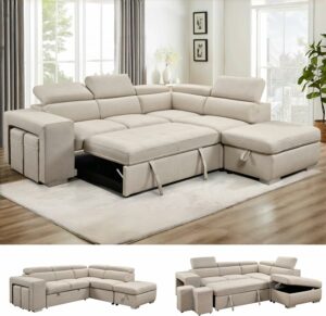THSUPER 104-Inch L-Shaped Sectional Sofa Bed with Storage Ottoman