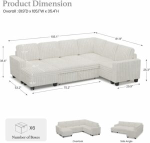 Belffin Corduroy Sleeper Sofa with Storage Chaise