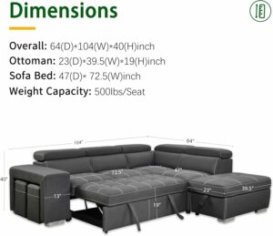 THSUPER 104-Inch L-Shaped Sectional Sofa Bed with Storage Ottoman