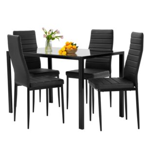 FDW 5-Piece Dining Table Set with Glass Top and Upholstered Chairs