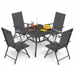 PHI VILLA 5-Piece Patio Dining Set with Square Table & Folding Chairs