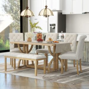Merax 6-Piece Dining Table Set with Bench and Upholstered Chairs