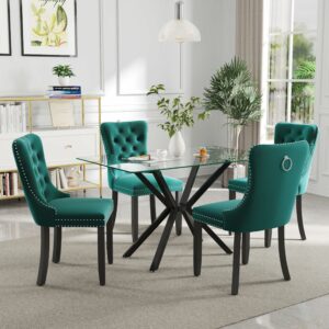 HAIZAO 47-Inch Glass Dining Table Set for 4 (Black Base, Green Velvet Chairs)