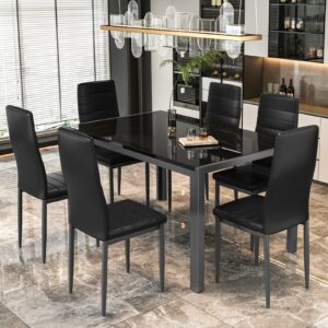 DKLGG 7-Piece Dining Table Set with Tempered Glass Top and PU Leather Chairs