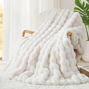 Touchat Luxury 1000GSM Faux Rabbit Fur Throw Blanket, Super Heavy Warm Cozy Blankets for Couch Bed Sofa, Bubble Plush Fuzzy Elegant Soft Reversible Mink Blanket for Living Room Bedroom, Cream White White Throw-50"x60" product image