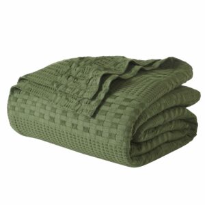 VHC Brands 100% Cotton Waffle Weave Queen Blanket 90"x90", Decorative Lightweight Spring and Summer Throw Blanket, Bedroom Decor for Bed, Couch, or Sofa, Olive Green Olive Green Queen (90"x90") product image