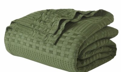 VHC Brands 100% Cotton Waffle Weave Queen Blanket 90"x90", Decorative Lightweight Spring and Summer Throw Blanket, Bedroom Decor for Bed, Couch, or Sofa, Olive Green Olive Green Queen (90"x90") product image