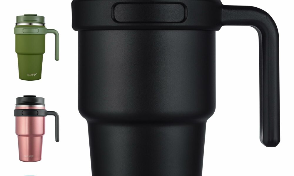 ALOUFEA 20 oz Insulated Coffee Mug Tumbler with Handle, Stainless Steel Travel Mug Tumbler with Lid and Straw,Double Wall Vacuum Leak Proof Ice Coffee Thermal Cup, Black 20 Ounces Black product image