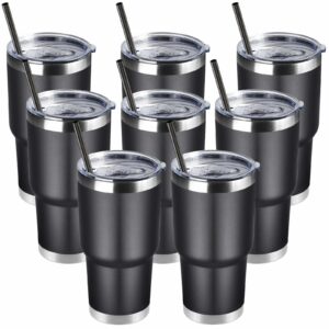 DOMICARE 30oz Tumbler Bulk with Lid and Straw, Double Wall Travel Coffee Mug, Insulated Vacuum Stainless Steel Tumblers, Powder Coated Tumbler Cup (Black, 8) Black 8