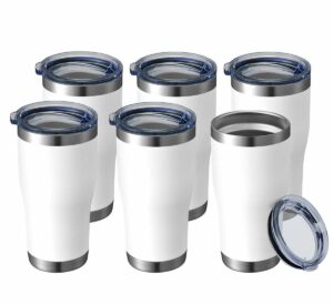 HASLE OUTFITTERS 20 oz Tumbler Bulk, Stainless Steel Tumblers with Lid, Vacuum Insulated Tumbler, Double Wall Powder Coated Cup, coffee mugs, White, 6 Pack White 6 Count (Pack of 1)