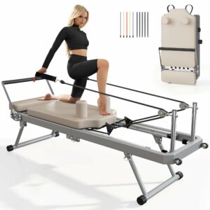 SogesPower Pilates Reformer Machine for Home Gym Workout, Foldable Pilates Equipment with High Strength Alloy Springs for Beginners, Up to 400lbs Beige 78"-With Springs&Cords product image