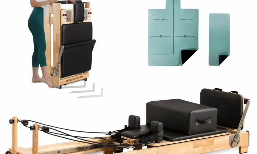 Foldable Wooden Pilates Reformer (Oak Frame) - with Jump Board, Sitting Box & Adjustable Springs | Professional Grade for Home/Studio, Low-Impact Workout, 600 lbs Capacity product image