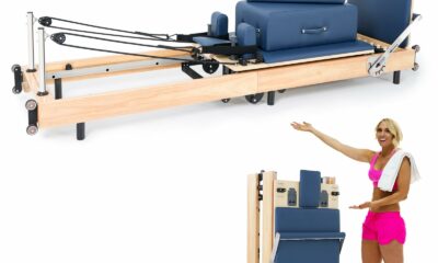 Pilates Reformer Machine,Oak Wood Home Pilates Equipment, Foldable Pilates Reformer with Reformer Box, Jump Board for Home Workouts and Body Exercises, Suits for Studio Gym Yoga 94x24x11.8 Royal Blue product image