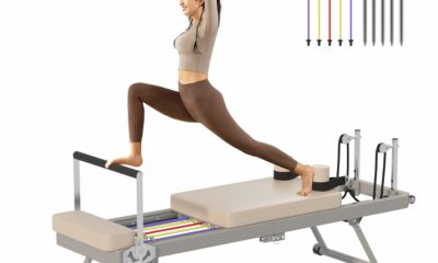 soges Foldable Pilates Reformer Machine for Home Gym, Pilates Workout Equipment for Beginner, Cardio Fitness High Strength Rebounder Dark Beige - With Springs & Cords product image