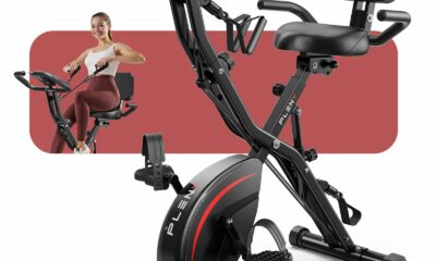 Pleny Folding Exercise Bike, 5 IN 1 Stationary Bikes for Home 6.6 LBS Flywheel, 330LB Weight Capacity Back Support Cushion Indoor Workout Cycling Bike for Home Gym black red product image