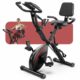 Pleny Folding Exercise Bike, 5 IN 1 Stationary Bikes for Home 6.6 LBS Flywheel, 330LB Weight Capacity Back Support Cushion Indoor Workout Cycling Bike for Home Gym black red product image