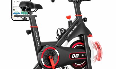 DMASUN Exercise Bike, Silent Magnetic Resistance Stationary Bike for Home with 330 LBS Capacity, Pedals with Anti-loosening Nuts, Indoor Bike with Comfortable Seat Cushion, Digital Display Red Upgraded Magnetic+APP Compatible product image