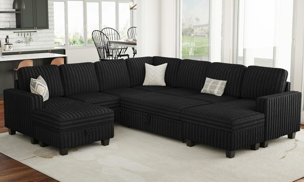 Belffin Oversized Sofa Bed Modular Sectional Sleeper Sofa with Pull Out Bed L Shaped Couch with Storage Chaise Black Couch Black Sleeper 4 product image