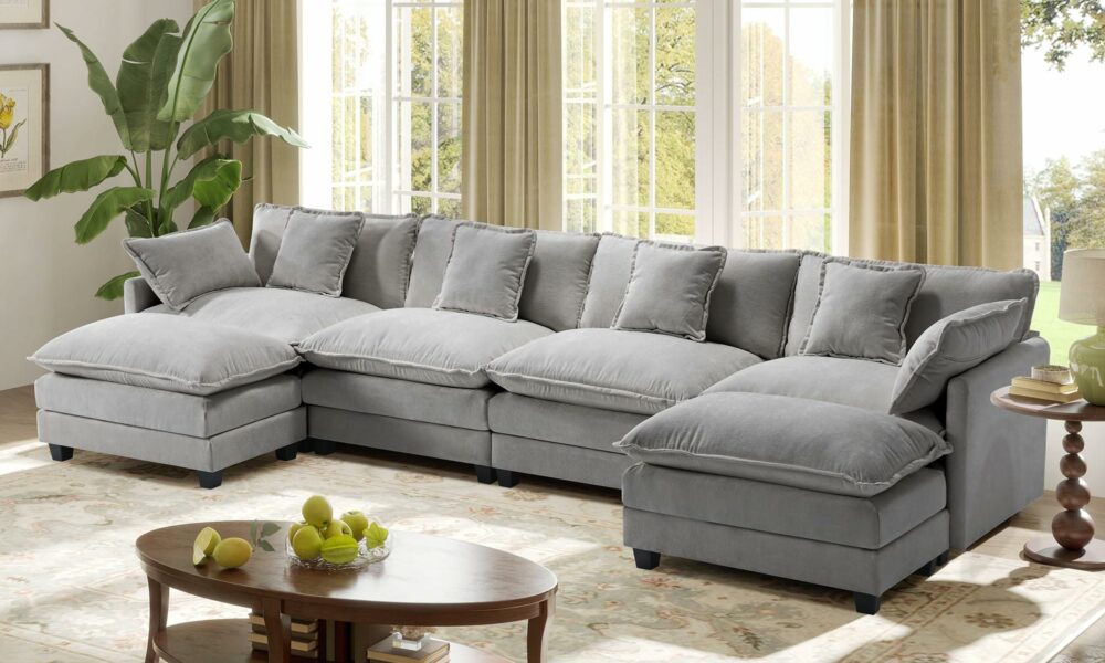 149.2" Modular Sectional Sofa,U Shaped Couch for Living Room,Modern Deep Seat Sofa 3 Seater Chenille Fabric Comfy Cloud Couches with Throw Pillows & Movable Ottoman 4 Seats & 2 Ottomans Grey product image