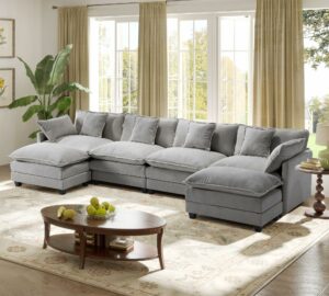 149.2" Modular Sectional Sofa,U Shaped Couch for Living Room,Modern Deep Seat Sofa 3 Seater Chenille Fabric Comfy Cloud Couches with Throw Pillows & Movable Ottoman 4 Seats & 2 Ottomans Grey product image