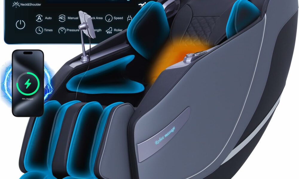Stylish Massage Chair Full Body Zero Gravity Massage Chair Rocking Sleep Mode 3D SL Yoga Stretch Massage with Heat 12+ Modes Upgraded Calf +11cm Wireless Phone Charge Screen Touch Large Size Black A365 Black product image