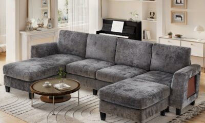 118" Sectional U-Shaped Cloud Couch, Modular Modern 4-Seat Sofa, with USB Type C Ports, Foldable Side Table and 2 Ottomans, for Home Living Room, Grey Grey-12 Regular Fabric product image