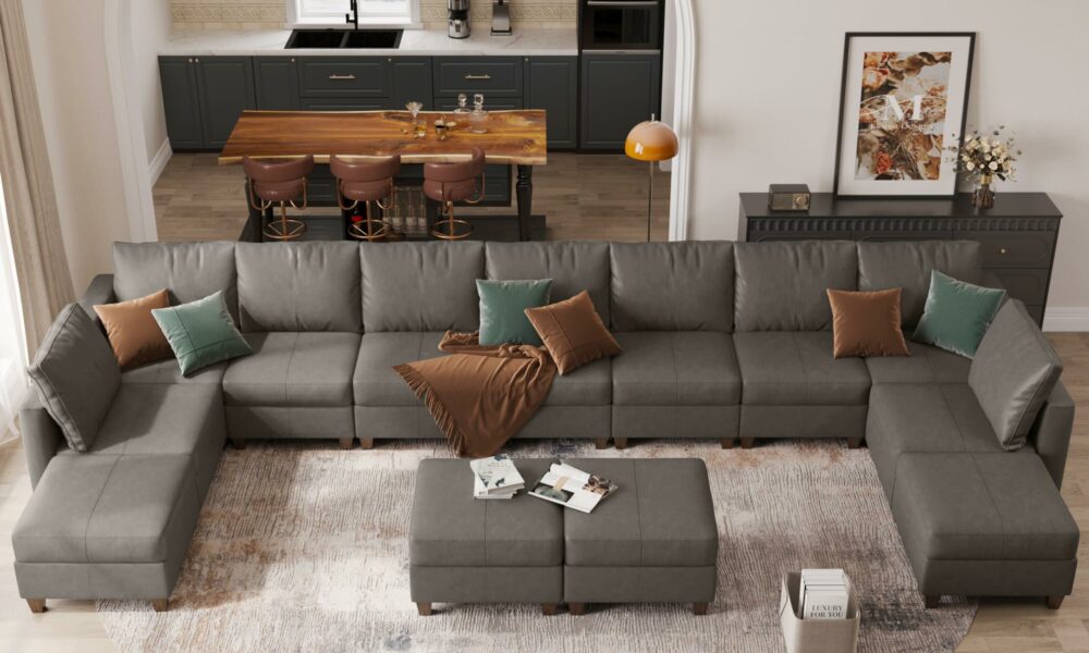 EASE MOOSE Faux Leather Modular Couch Sectional Sofa with Storage Ottomans, Oversized U Shaped Couch, Grey Grey U Shaped 13 seats product image