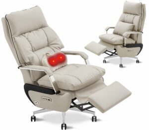Dual Motor Executive Home Reclining Office Chair with Footrest - One-Click Electric Recline with Massage & Pillow Support Big and Tall PU Leather Ergonomic Desk Chair, High Back Wide Seat (White) Modern White product image
