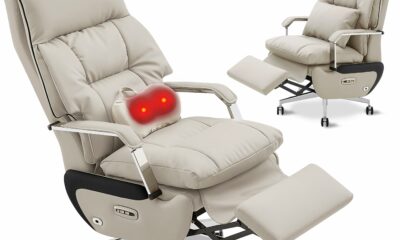 Dual Motor Executive Home Reclining Office Chair with Footrest - One-Click Electric Recline with Massage & Pillow Support Big and Tall PU Leather Ergonomic Desk Chair, High Back Wide Seat (White) Modern White product image