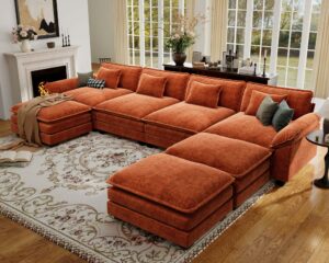 CDCASA 154" Oversized Modular Sectional Sofa, Comfy U-Shaped Cloud Couch w/ 3 Movable Ottomans, 7-Seater Chenille Deep Seat Modern Sofa Couch for Living Room, Terracotta Orange 154 Inch - U Shaped (4+3) Terracotta Orange product image