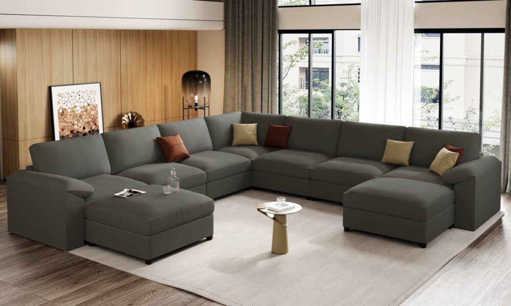 EASE MOOSE Oversized U Shaped Couch,Modular Sectional Convertible Sofa with Wide Deep,Extra Large Faux Leather Scratch Resistant Modern Couch for Big Spaces,Grey Grey U Shape Sofa 9 Seat product image