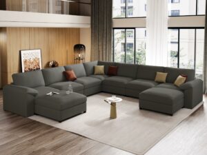 EASE MOOSE Oversized U Shaped Couch,Modular Sectional Convertible Sofa with Wide Deep,Extra Large Faux Leather Scratch Resistant Modern Couch for Big Spaces,Grey Grey U Shape Sofa 9 Seat product image