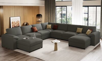 EASE MOOSE Oversized U Shaped Couch,Modular Sectional Convertible Sofa with Wide Deep,Extra Large Faux Leather Scratch Resistant Modern Couch for Big Spaces,Grey Grey U Shape Sofa 9 Seat product image