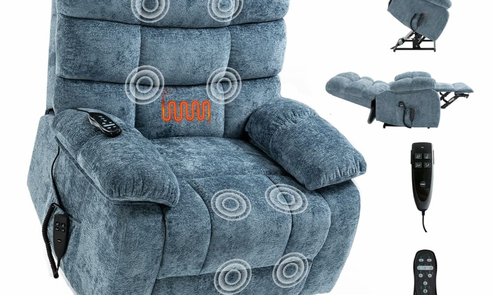 Oversized Power Lift Recliner Chair for Elderly, Dual Motor Lay Flat Recliner Big Chair with Massage and Heating, Chenille Electric Recliner Chairs for Living Room, Medium-Firm, Blue product image