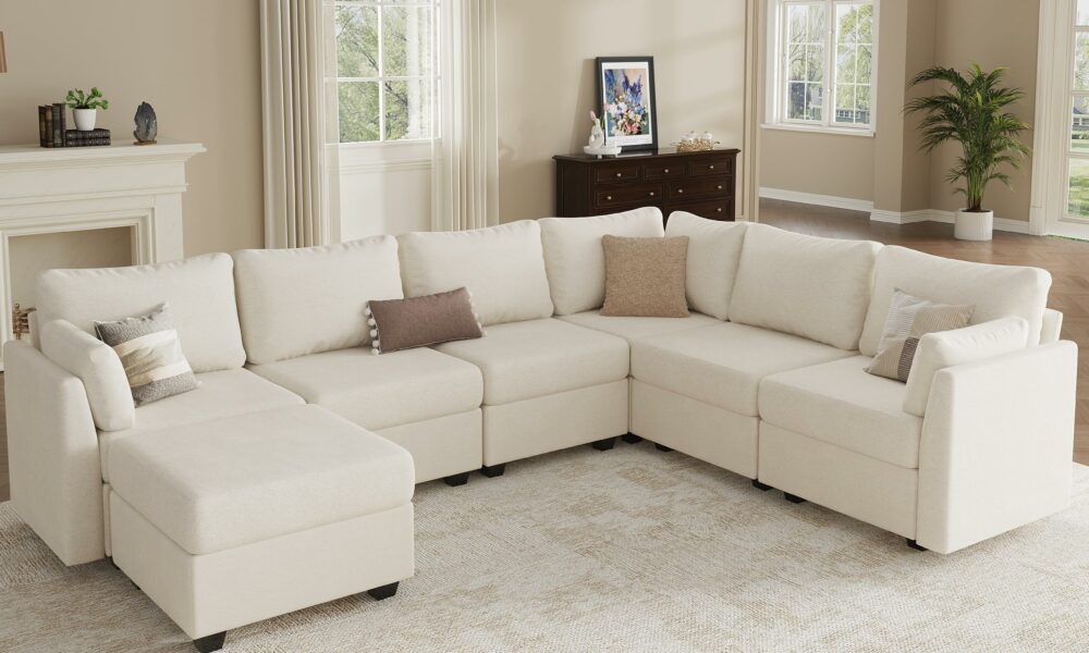 Modular Sectional Sofa Couches, Large Convertible Modular Couches with Storage, 7-Seater Sectional Sofa for Living Room, U Shaped Sectional Couch Sleeper Sofa with Chaise (Beige, 7 Seats) Beige 7-Seater product image