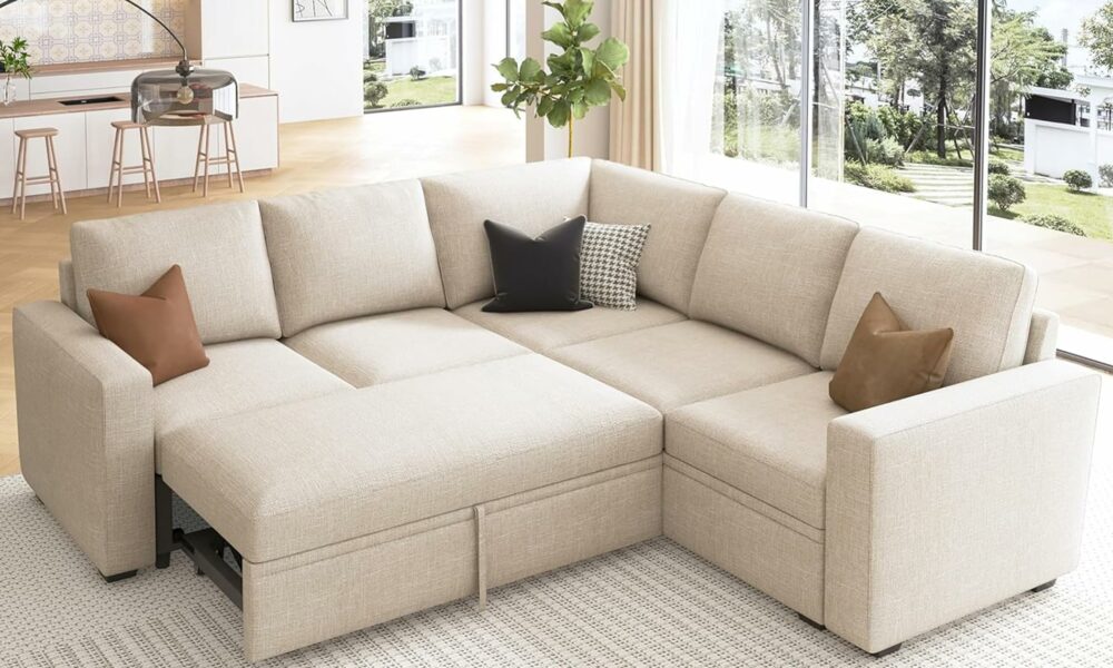 HONBAY Modular Sectional Sleeper Sofa with Pull Out Bed, L Shaped Couch with Storage Seat, Convertible Sectional Couches for Living Room, Beige Beige Sleeper Sofa-3 product image