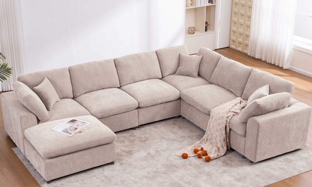 Oversized Modular Sectional Sofa Couch, Large 7 Seater Corner Sofa Modern U Shaped Sectional Couch with Ottoman Cloud Couches for Living Room, Office, Spacious Space, Beige - Chenille product image