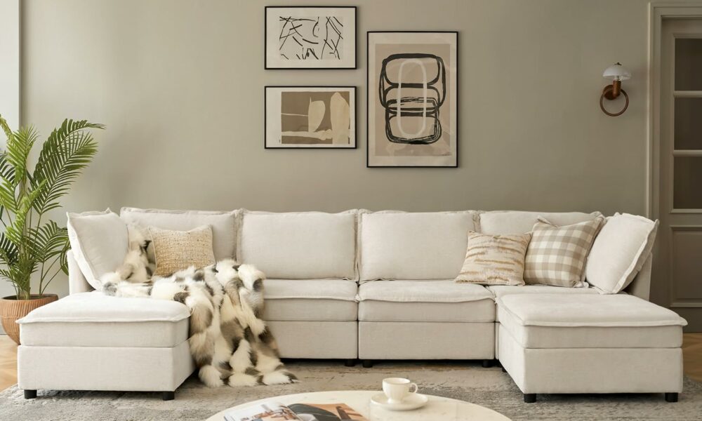 HULALA HOME 127'' Modular Sectional Sofa, Oversized U Shaped Couch with Storage Ottoman, Comfy Chenille Sofa with Deep Seat, 6 Seat Convertible Couches for Living Room, Beige Beige U Shaped Sofa product image