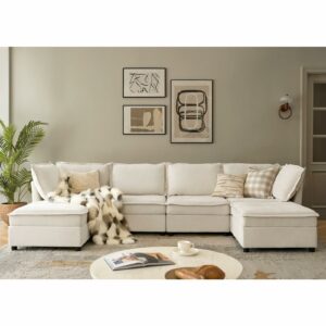 HULALA HOME 127'' Modular Sectional Sofa, Oversized U Shaped Couch with Storage Ottoman, Comfy Chenille Sofa with Deep Seat, 6 Seat Convertible Couches for Living Room, Beige Beige U Shaped Sofa product image