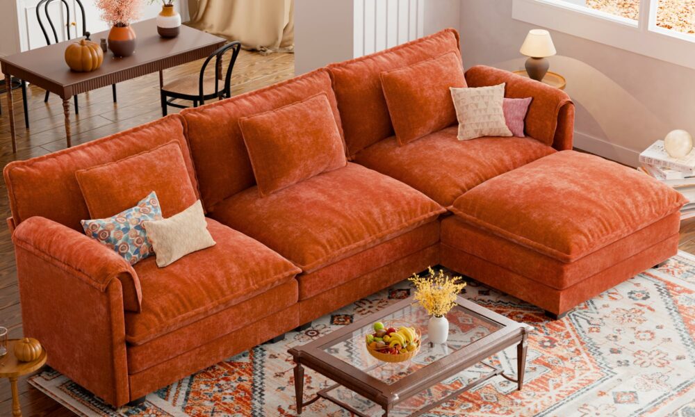 ELUCHANG Oversized 113" Modular Sectional Sofa, Comfy Cloud Couch, L Shaped Deep Seat Sofa Couches for Living Room, 4-Seater Modern Sofa with Movable Ottoman, DIY Combination - Chenille Terracotta L Shaped(3+1) Terracotta product image