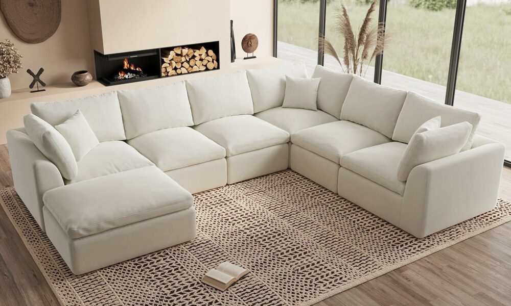 Oversized Cloud Couches for Living Room, Convertible Sectional Couch with Ottoman, 7 Seater Large Modular Sectional Sofa, Warm White Warm White 7 Seater product image