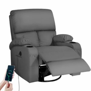 LEVELEVE Rocking Recliner Chair, Massage Rocker Recliner Chair with Vibration Massage and Heat, USB and Type-C Ports,360° Swivel Faux Leather Chairs, Living Room, Bedroom, Nursery, RV, Dark Grey Dark Grey-usb product image