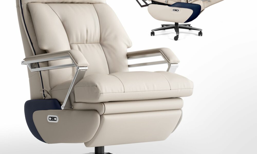 M80A Dual Motor Electric Executive Office Chair with Footrest, Comfortable Reclining Office Chair Wide Seat, Big and Tall Ergonomic Leather Home Office Desk Chair (Beige,No Massage) product image