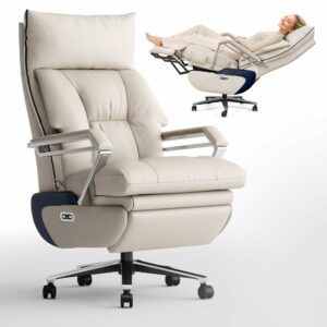 M80A Dual Motor Electric Executive Office Chair with Footrest, Comfortable Reclining Office Chair Wide Seat, Big and Tall Ergonomic Leather Home Office Desk Chair (Beige,No Massage) product image