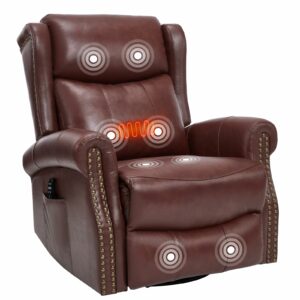 PELUMY Genuine Leather Swivel Rocking Recliner Chair for Adults, 360° Swivel Glider Rocker with Heat & Vibrating Massage, Lounge Chair for Living Room, Bedroom, Nursery (Burgundy Brown) Burgundy Brown Genuine Leather product image