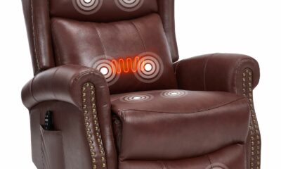 PELUMY Genuine Leather Swivel Rocking Recliner Chair for Adults, 360° Swivel Glider Rocker with Heat & Vibrating Massage, Lounge Chair for Living Room, Bedroom, Nursery (Burgundy Brown) Burgundy Brown Genuine Leather product image