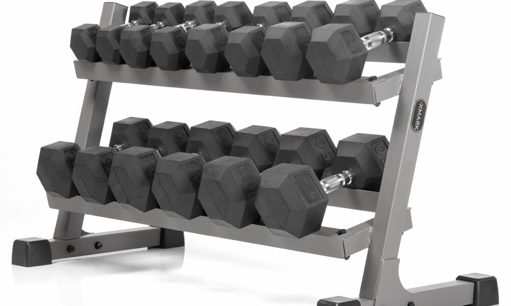 XMARK Dumbbell Set with Rack, Weights Dumbbells, Multiple Free Weights and Horizontal Storage for Home Gym Strength Training, Storage Rack Color Options Gray Rack 10-50lb Set product image