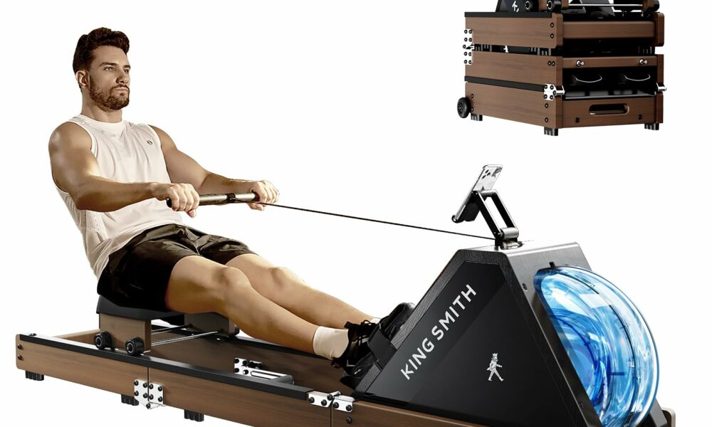 KINGSMITH Rowing Machines for Home Foldable, Compact Row Machine, 400LB & 350LB Weight Capacity, Folding Rower Machine with Adjustable Resistance, Data Monitor, App Supported Water Rower*Walnut(331LBS) product image